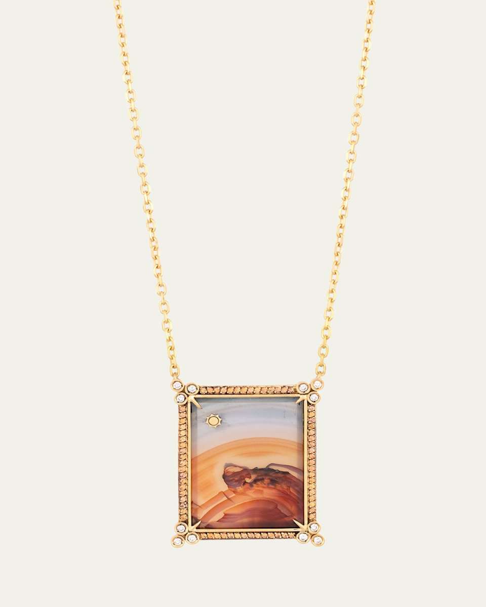 18K Yellow Gold Agate Landscape Necklace with Sun Detail, Diamonds and Orange Sapphires